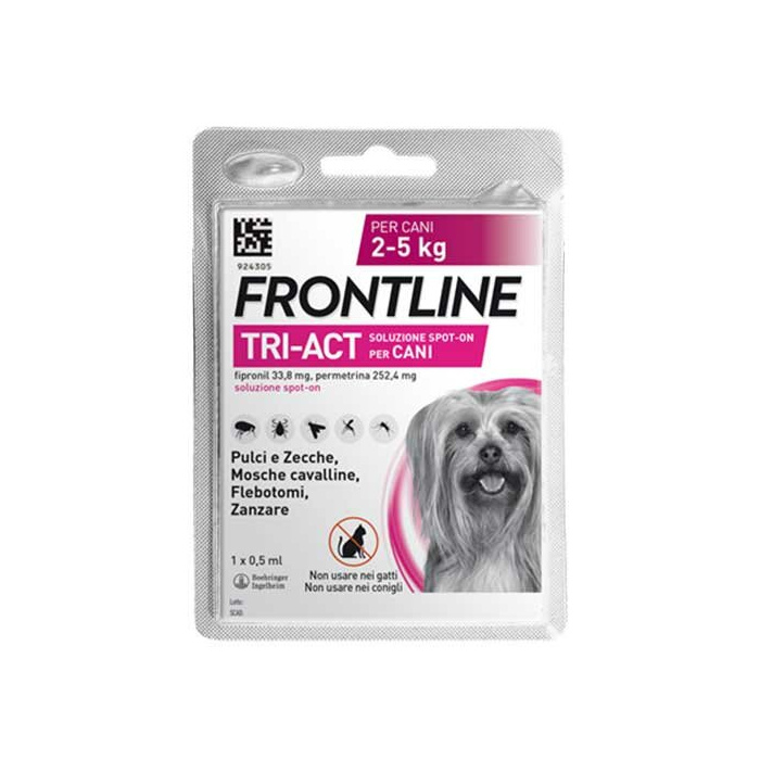 Frontline tri-act soluzione spot-on per cani di 2-5 kg - 33,8 mg + 252,4 mg soluzione spot on per cani da 2 a 5 kg 1 pipetta da 0,5 ml