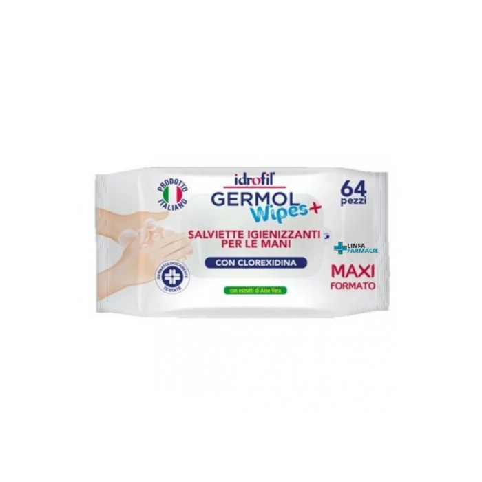 Germol Wipes+  Salviettine Igienizzanti Mani Con Clorexidina 64 Pezzi